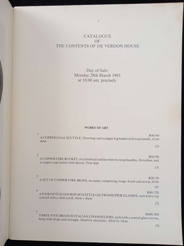 Sotheby`s Cape Town The Contents of De Verdon House