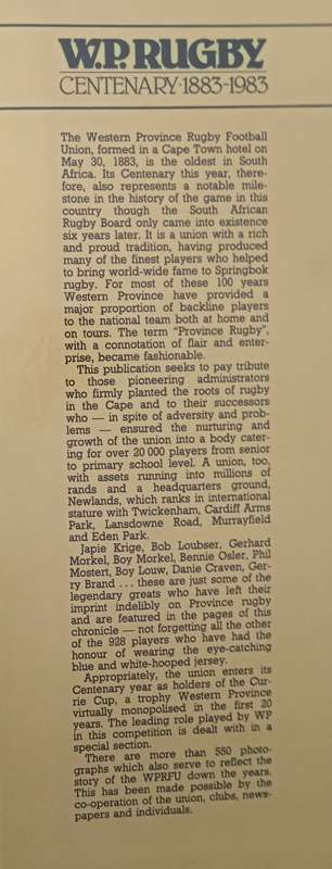 WP Rugby Centenary 1883-1983 by A C Parker