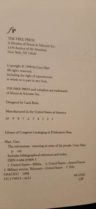 The Minuteman - Restoring an Army of People by Gary Hart (First Edition)
