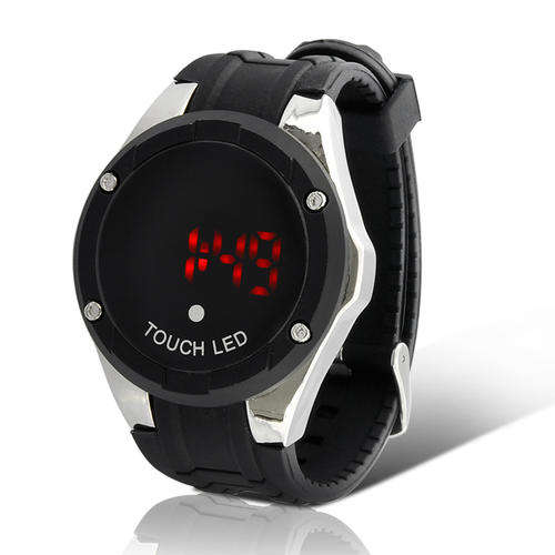 Electromann - Touch Watch "Helis" - Metal Design, Red Digits, Rubber Strap - LT106