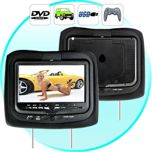 9 Inch Headrest DVD Player + Gaming System + FM Transmitter (Black Pair)