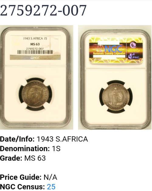 1943 1Shilling MS63 NGC graded coin