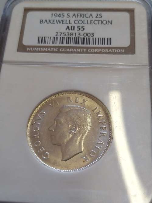 1945 2 Shilling NGC AU55 Ex Bakewell