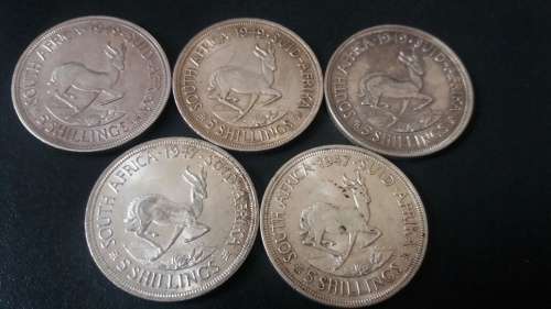 LOT OF FIVE CROWNS / 5 SHILLINGS - 1947 & 1949 - NICE CONDITION - BID PER COIN TO TAKE ALL