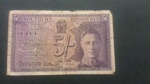 Southern Rhodesia 5 Shillings Note D1- 071 730   1st January 1943 - P-8a -  Rare Early Issue