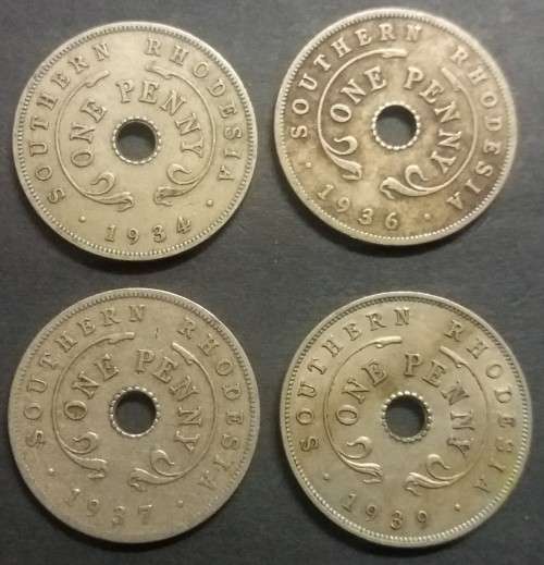 SOUTHERN RHODESIA   1934, 1936 1937 & 1939  PENNY SET (A)