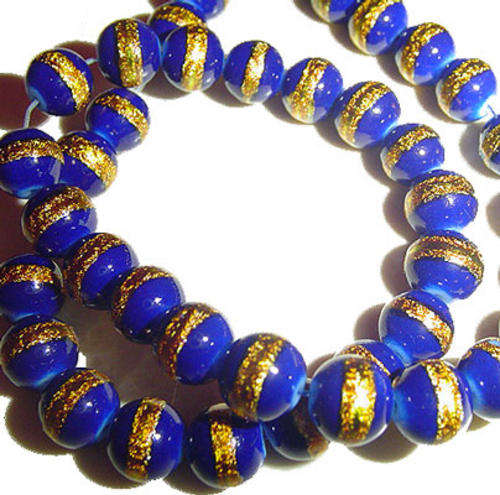 8mm Blue/Gold Pinstriped Round Glass Bead