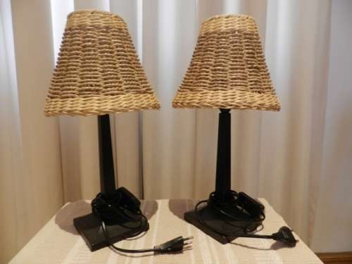 Bedside Lamps (Set of 2x) Set with Dark Wooden stand and with basket weave round shade