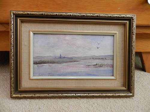 Framed painting on board by artist Susanna Geyer.