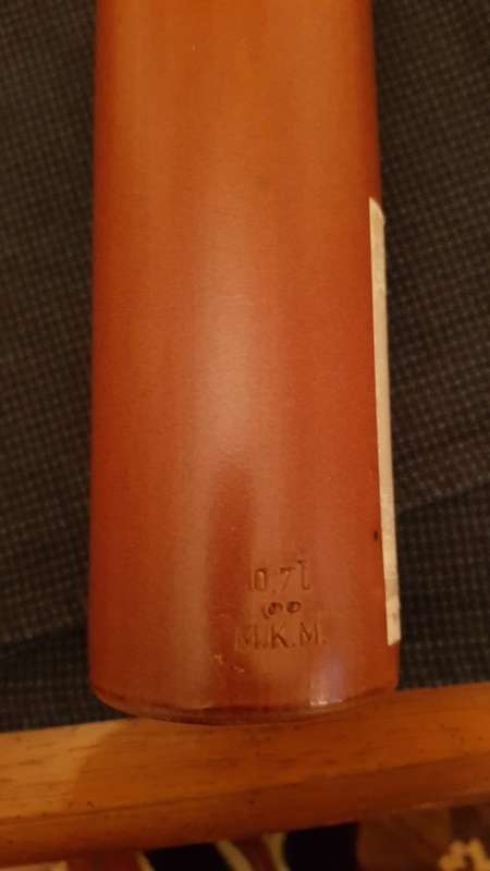 Collectable Stone Bottle (empty) with stopper.  Label  Mierles Pit, tall bottle - colour brown.