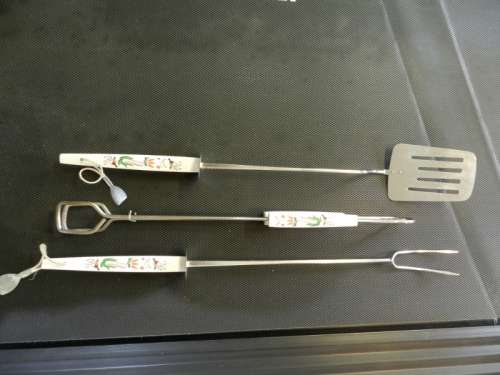 Vintage Steel Braai Utensil Set.  3pce.  As new.  Consists of: 1x Egg Lifter, 1x Fork and tongs.