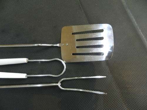 Vintage Steel Braai Utensil Set.  3pce.  As new.  Consists of: 1x Egg Lifter, 1x Fork and tongs.