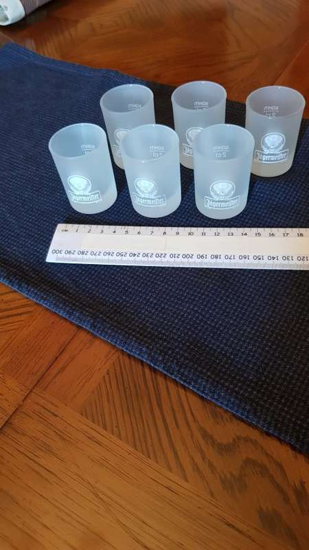 Glasses: Set of 6x Frosted glass shot glasses.  Branded Jägermeister