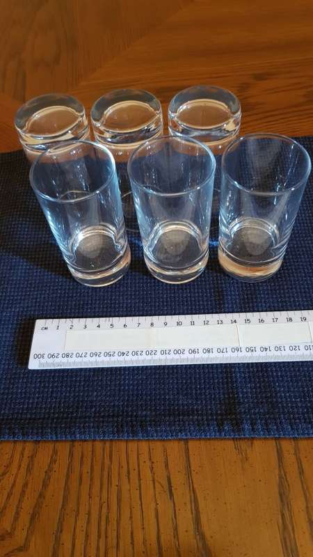Glasses: Set of 6x small Breakfast juice drinking glasses.  Clear glass.