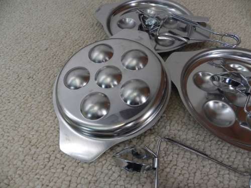 Vintage Stainless Steel Set of 3x round Escargot/Snail/Mushroom dishes with snail tongs and two pron