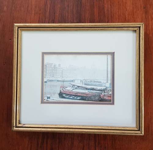 Wooden Picture Frame behind glass: Print of Vintage Dutch harbour scene by Anton Pieck.