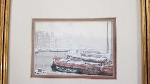 Wooden Picture Frame behind glass: Print of Vintage Dutch harbour scene by Anton Pieck.