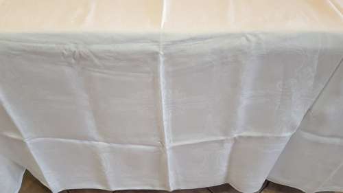 Rectangular White Damask Table Cloth, hemmed.