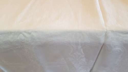 Rectangular White Damask Table Cloth, hemmed.