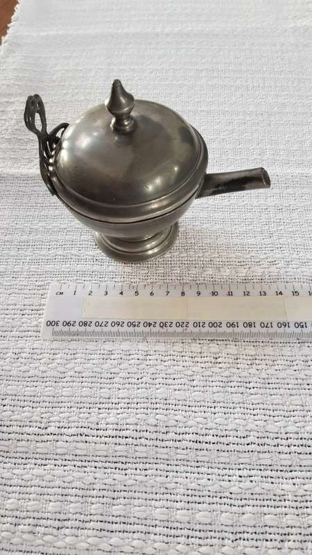 Antique Dutch Pewter oil burner.  Late18th early 19th Century with Angel and trumpet mark.