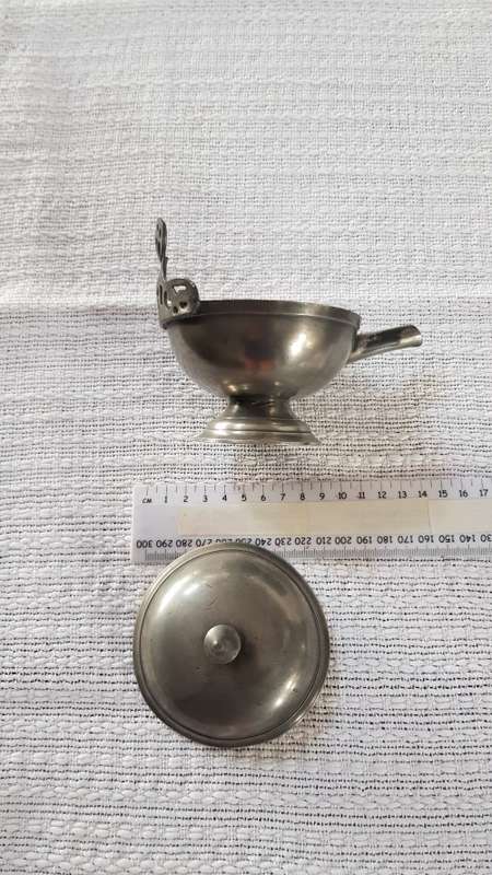 Antique Dutch Pewter oil burner.  Late18th early 19th Century with Angel and trumpet mark.