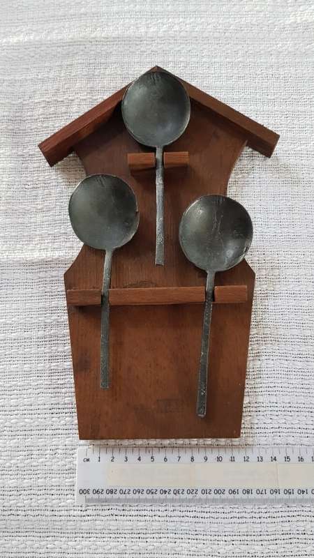 Antique Dutch Pewter spoons 18/19th Century. Wooden spoon rest of Oak with 3x hanging spoons