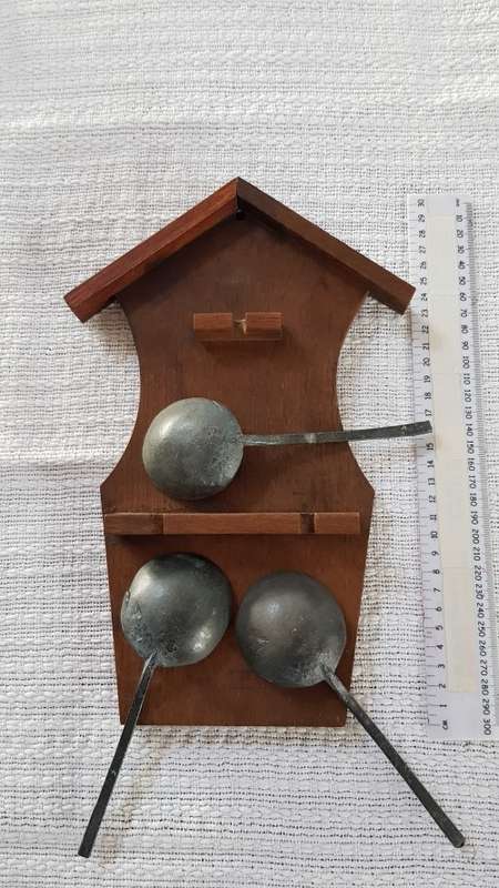 Antique Dutch Pewter spoons 18/19th Century. Wooden spoon rest of Oak with 3x hanging spoons