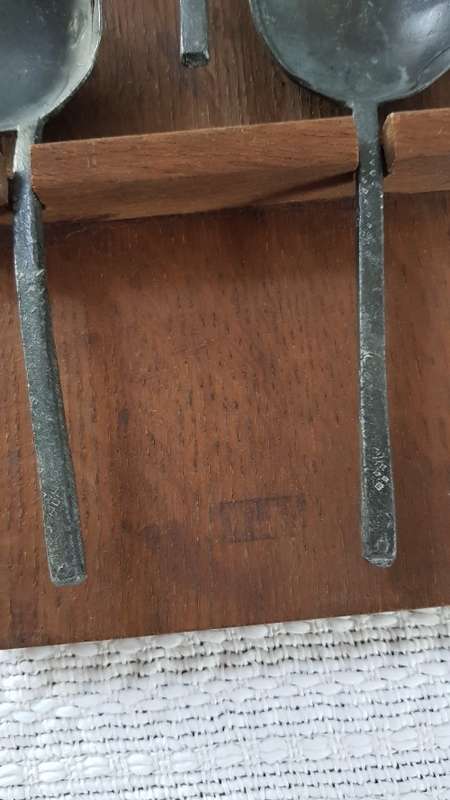 Antique Dutch Pewter spoons 18/19th Century. Wooden spoon rest of Oak with 3x hanging spoons
