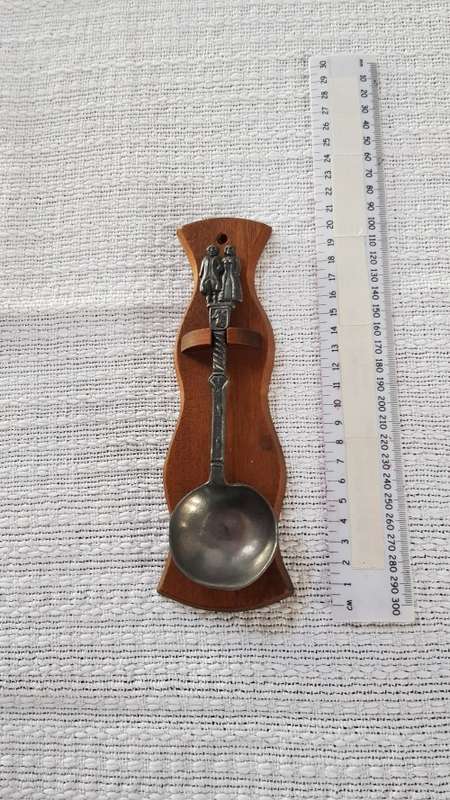 Antique Dutch Pewter wedding spoon.  18/19th Century on a wooden spoon rest.