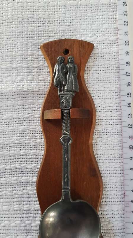 Antique Dutch Pewter wedding spoon.  18/19th Century on a wooden spoon rest.