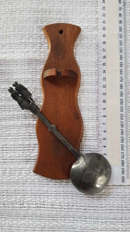 Antique Dutch Pewter wedding spoon.  18/19th Century on a wooden spoon rest.