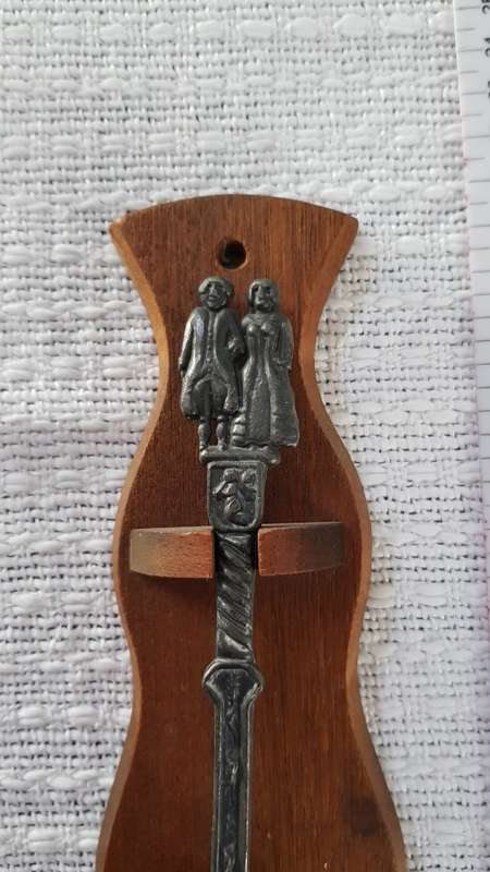 Antique Dutch Pewter wedding spoon.  18/19th Century on a wooden spoon rest.