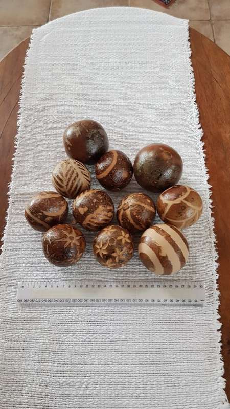 African curios:  Set of 11x Monkey apples.  2x are plain and 9x have various carved designs.