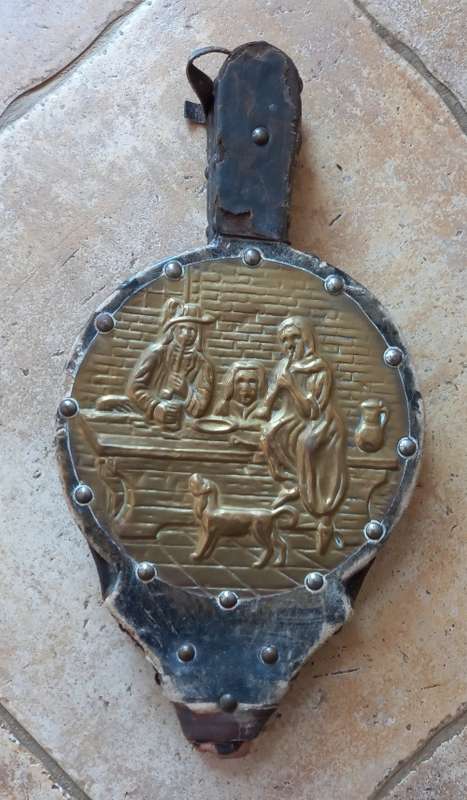 Antique Bellows. Wood covered in leather with round embossed brass plate