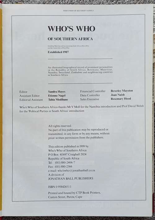 Whos Who of Southern Africa 2000. The Millennium Edition. Published by Jonathan Ball