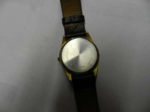 Vintage Mens watch / Astro Quartz.  c1970s.  Gold plated, round face with black leather strap.