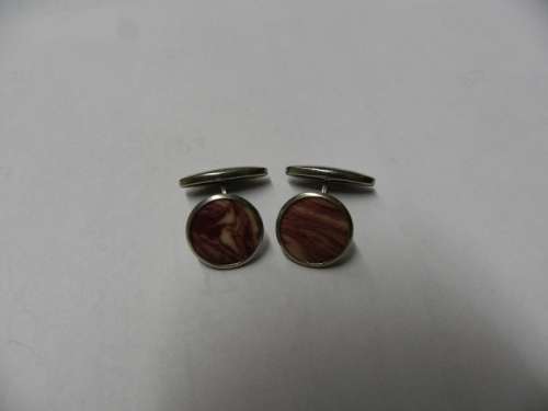 Mens Vintage Cuff Links. c1950s. Made in Holland  Round Nickel Silver with marble like stone