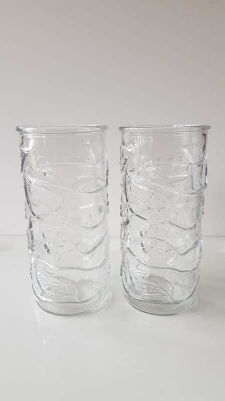 Glass Flower vases. Set of 2x Dinner Table vases. Cylindrical thick glass vase with pressed design