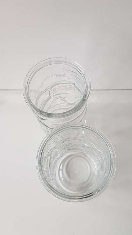 Glass Flower vases. Set of 2x Dinner Table vases. Cylindrical thick glass vase with pressed design