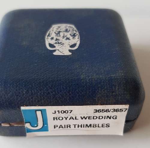 A collectors Set of Royal Wedding thimbles in blue jasperware by Wedgewood in original box