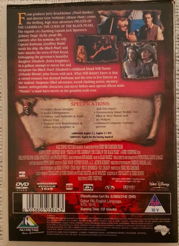 DVD Movie  Pirates of the Caribbean/The Curse of the Black Pearl  Johnny Depp  Comedy  10 V