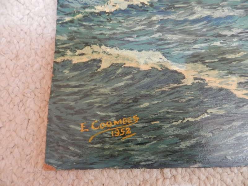 Vintage Oil on board (unframed): Maritime/Seascape with two ships by artist E Coombes dated 1952.