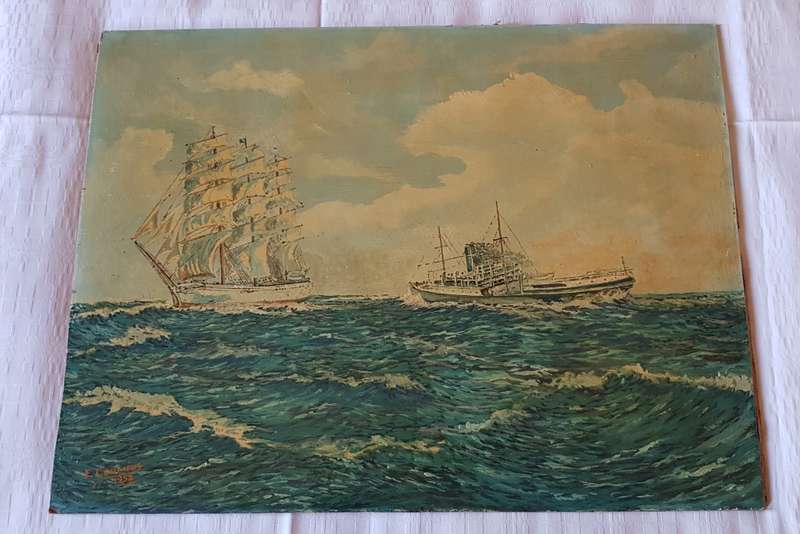 Vintage Oil on board (unframed): Maritime/Seascape with two ships by artist E Coombes dated 1952.
