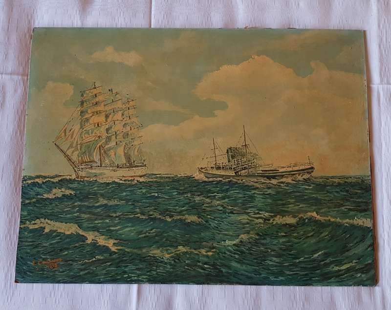 Vintage Oil on board (unframed): Maritime/Seascape with two ships by artist E Coombes dated 1952.