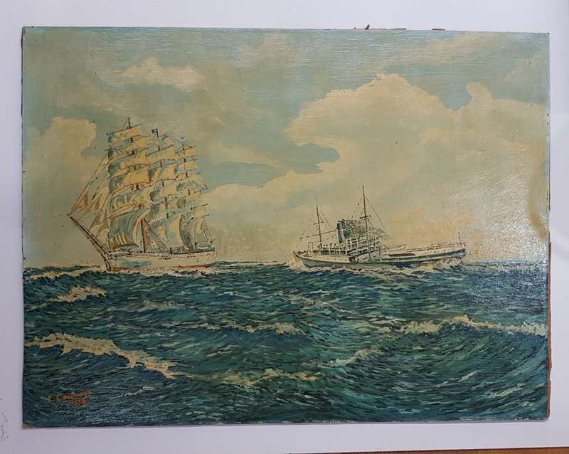 Vintage Oil on board (unframed): Maritime/Seascape with two ships by artist E Coombes dated 1952.