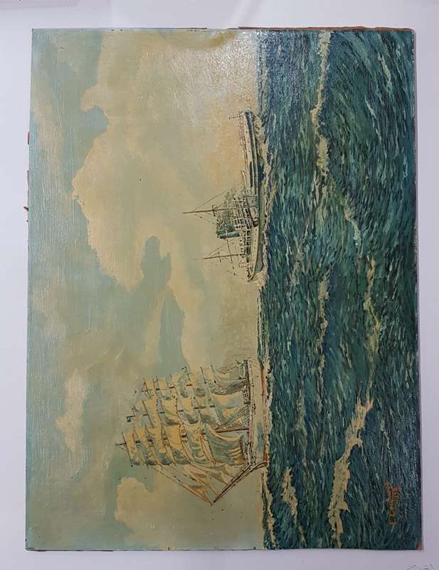 Vintage Oil on board (unframed): Maritime/Seascape with two ships by artist E Coombes dated 1952.