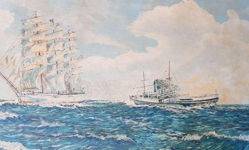 Vintage Oil on board (unframed): Maritime/Seascape with two ships by artist E Coombes dated 1952.