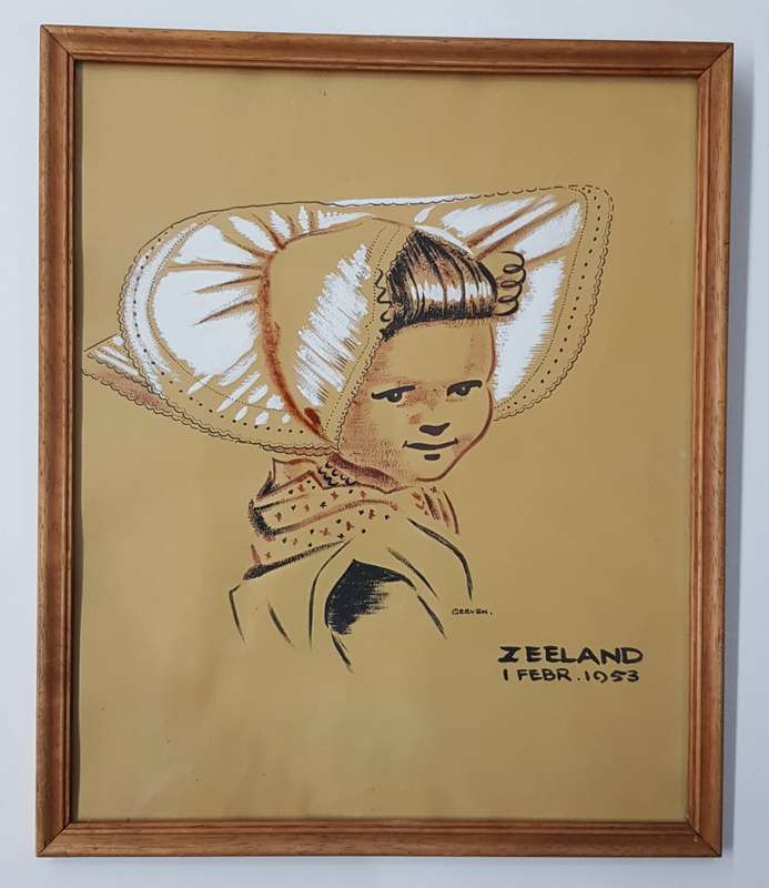 Vintage Picture: Wooden frame with ink and paint drawing of Girl in Dutch traditional costume by Gee