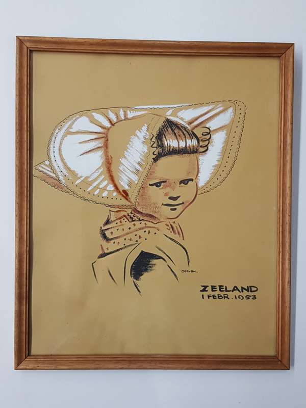 Vintage Picture: Wooden frame with ink and paint drawing of Girl in Dutch traditional costume by Gee
