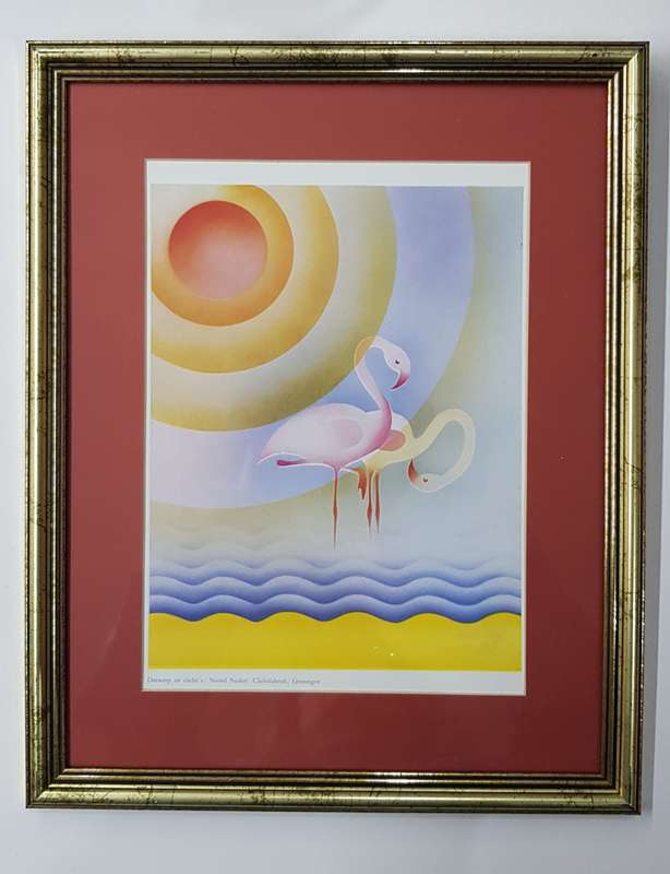 Wooden Frame behind Glass: Gilded with Maroon passepartout (mount card around picture).
